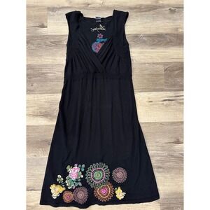 Desigual Black Sleeveless V Neck Embroidered Floral Dress Women's XL